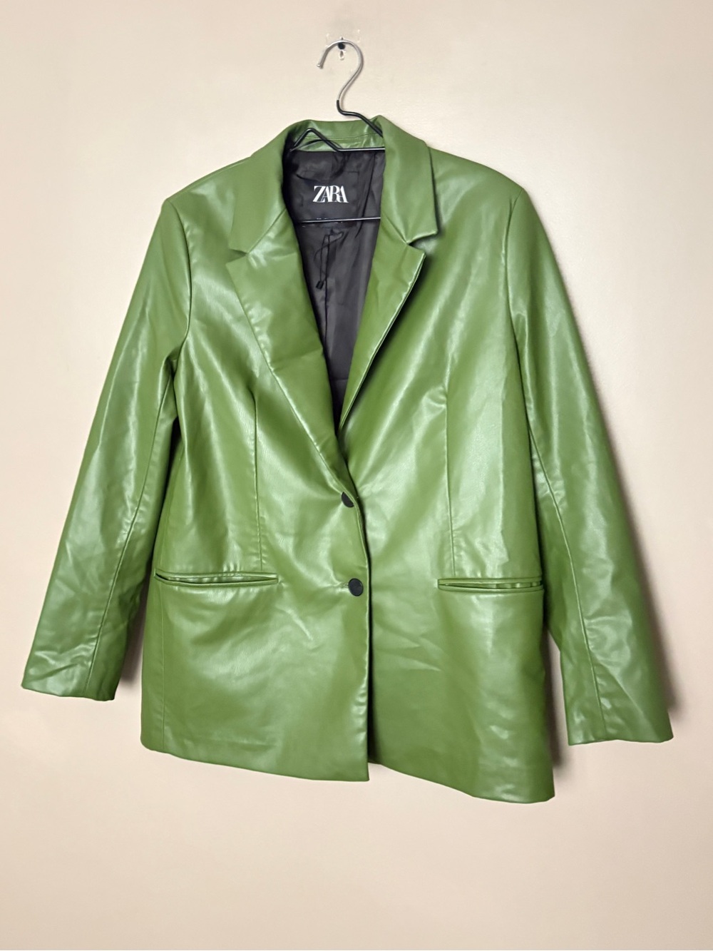 Zara Olive Green Faux Leather Blazer Jacket Women’s Sz L retro NWOT